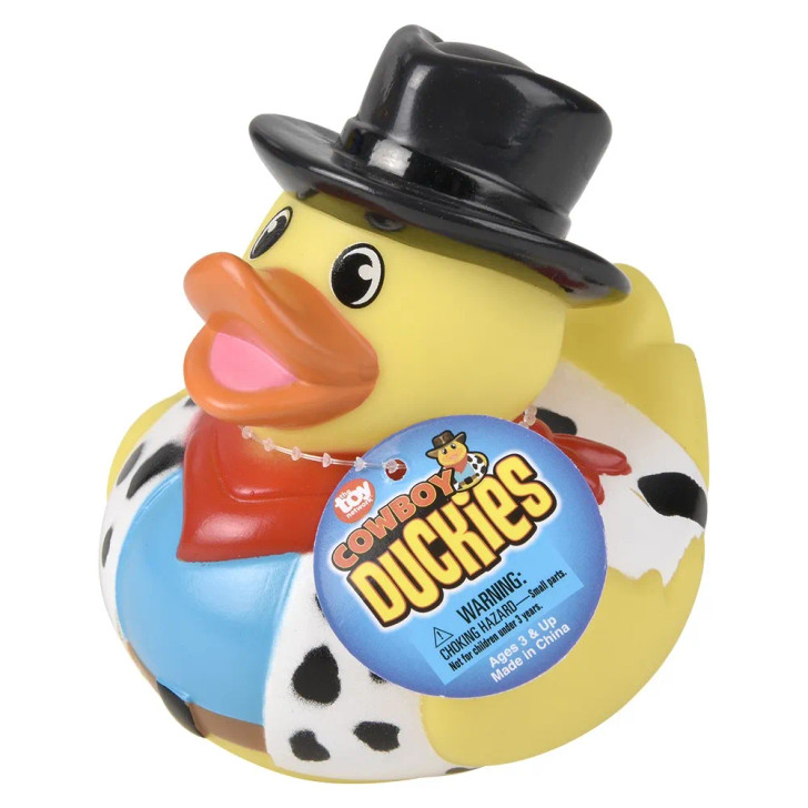 Rubber Duckies 3.75" Cowboy Themed Bulk 72 Pieces Four Assorted Styles Front of Black and White Cow Skin Ducky Side Angle with Hang Tag