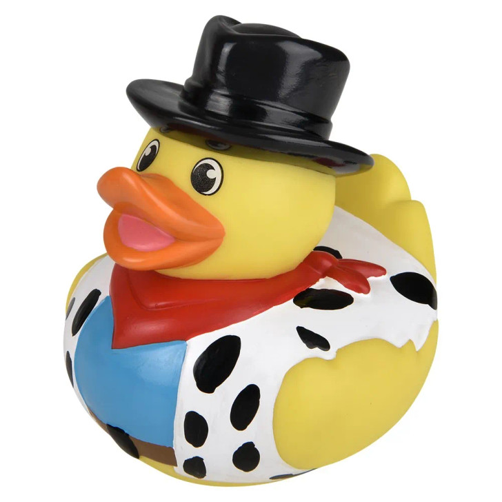 Rubber Duckies 3.75" Cowboy Themed Bulk 72 Pieces Four Assorted Styles Front of Black and White Cow Skin Ducky Side Angle