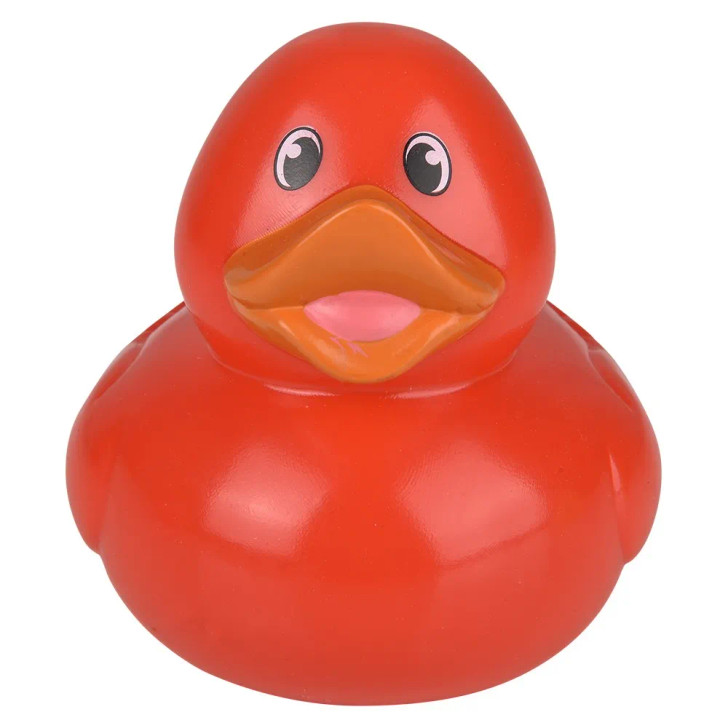 Rubber Duckies 3.5" Colored Bulk 72 Pieces Six Assorted Colors Showing Red Color Carnival Party Prizes Front