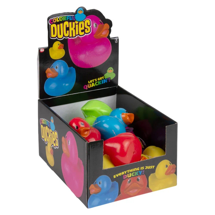 Rubber Duckies 3.5" Colored Bulk 72 Pieces Six Assorted Colors Purple Green Blue Red Yellow Pink with Display Box Carnival Party Prizes Side Angle