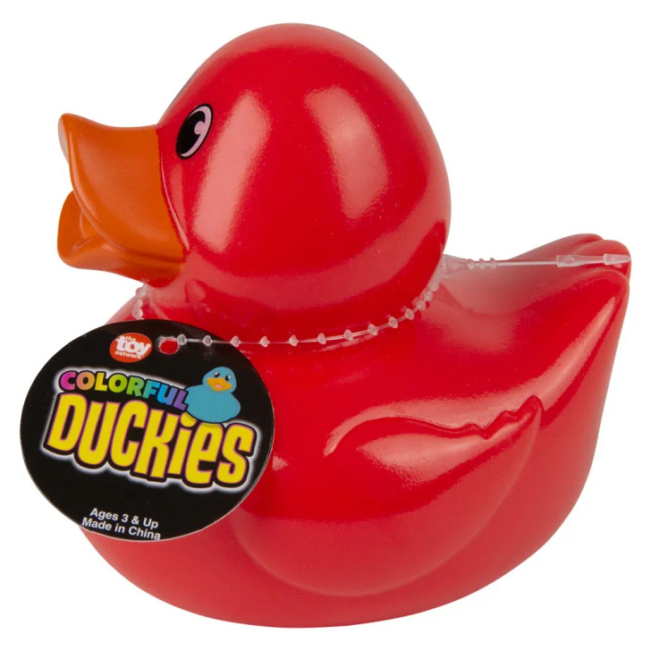 Rubber Duckies 3.5" Colored Bulk 72 Pieces Six Assorted Colors Showing Red Color Carnival Party Prizes Side Angle with Hang Tag
