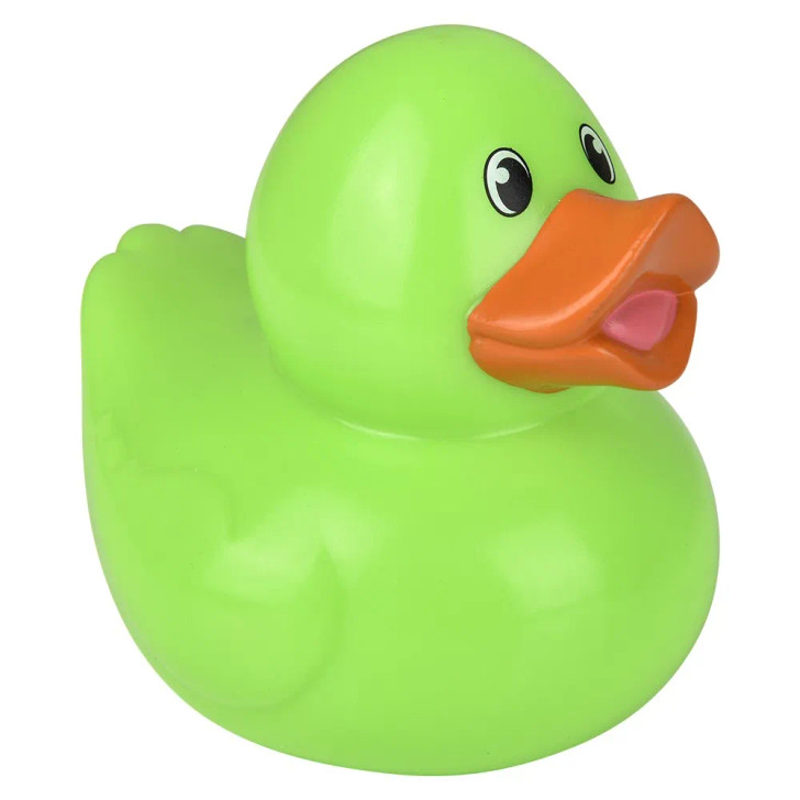 Rubber Duckies 3.5" Colored Bulk 72 Pieces Six Assorted Colors Showing Green Color Carnival Party Prizes Side Angle