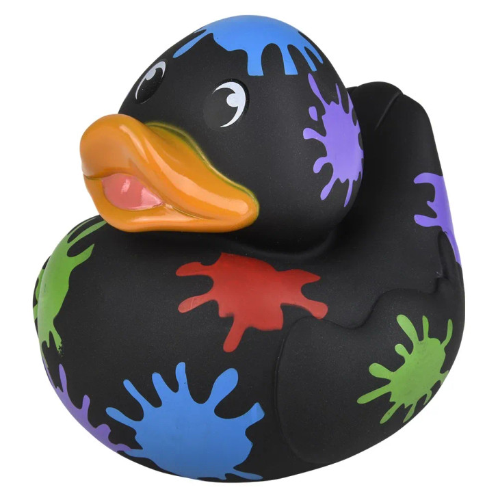 Rubber Duckies 5.5" Collectible Mix Bulk 60 Pieces 10 Assorted Styles Showing Black Ducky with Multi Colored Paint Splashes Left Side Angle Carnival Prizes Party Décor