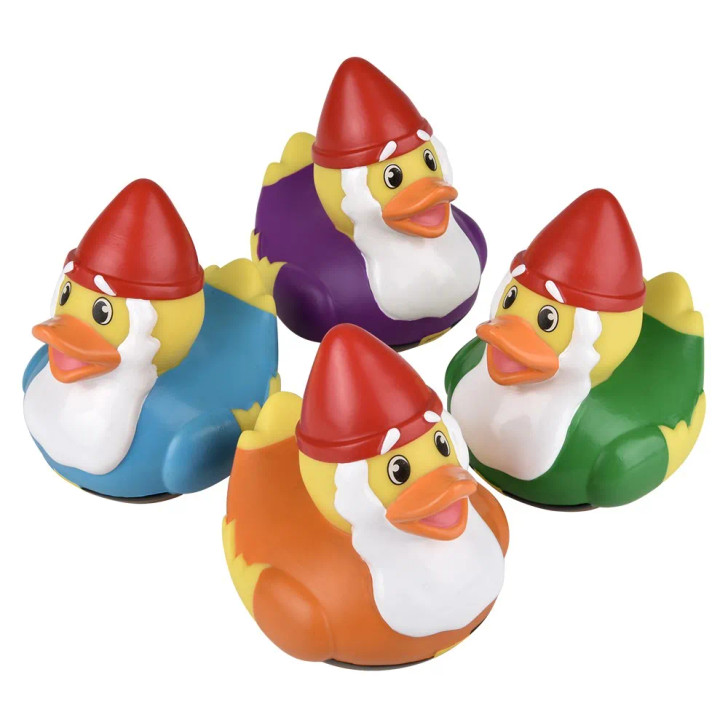 Rubber Duckies 3.5" Gnome Themed Bulk 72 Pieces Four Assorted Green Blue Purple Orange Colored Carnival Games Party Favor Toys