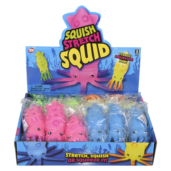 squish toy stretch squids 6.25 inch 12 piece display 4 colors front