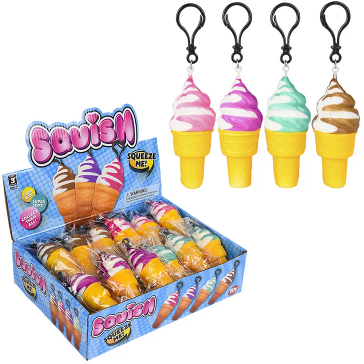 Squish Ice Cream Cone Backpack Clip Toys 4" Each