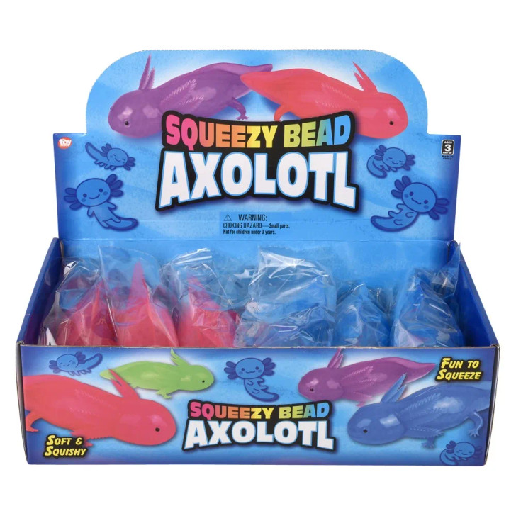 Squeeze toy bead axolotls 7.5 inch 12 piece display 4 colors front.