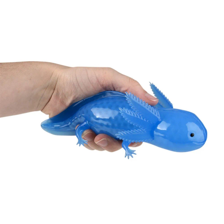 Squeeze toy bead axolotls 7.5 inch blue in use.