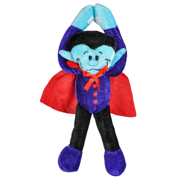 8" Halloween Vampire Plush with long arms, red cape, and Velcro hands, from a bulk set of 144 assorted styles. For ages 3+, ideal for party favors.