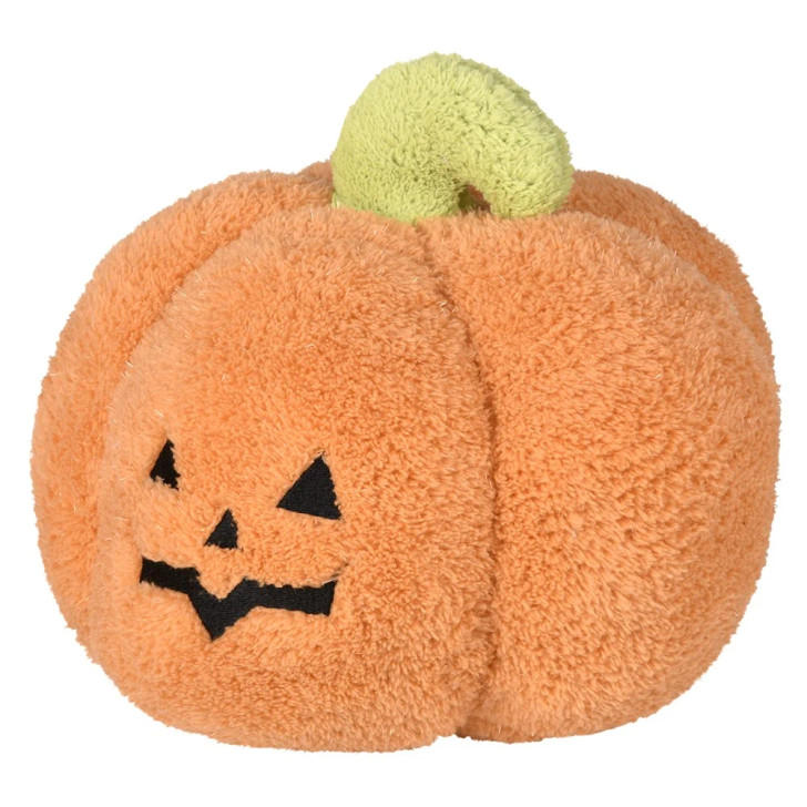 9" Pumpkin Plush Toy with jack-o'-lantern face (triangular eyes, jagged mouth) and green stem, from a bulk set of 24 assorted styles. For ages 3+, ideal for party favors.