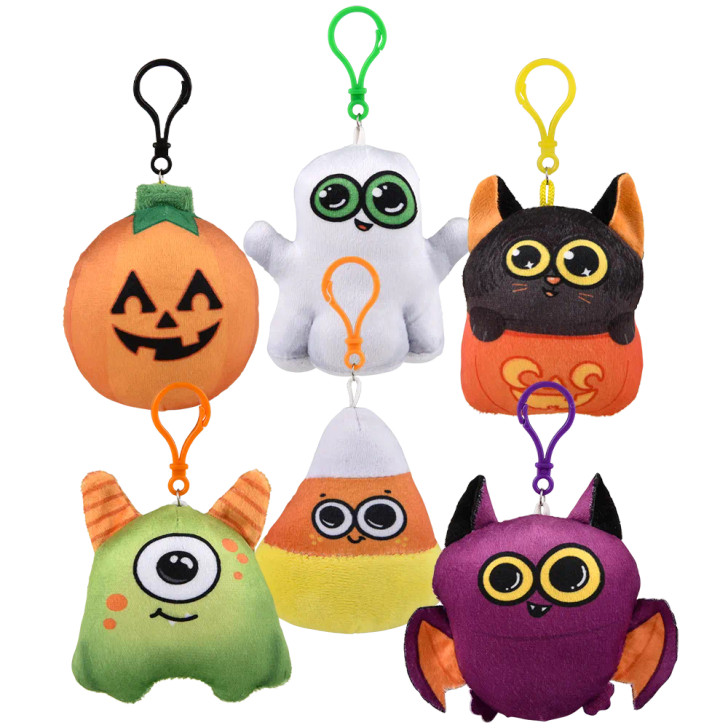 Halloween Plush Backpack Clip On Assortment 144 Pieces Bulk, 3.5 Inch - 6 Styles Assorted, Party Favors, Decor