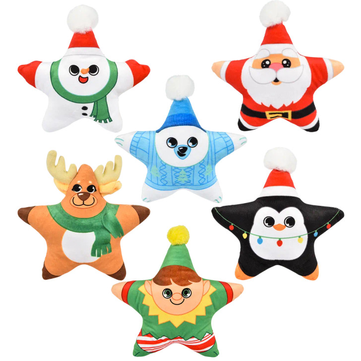 Bulk Christmas star plush toys 192pc 6in 6 styles santa snowman penguin elf bear reindeer