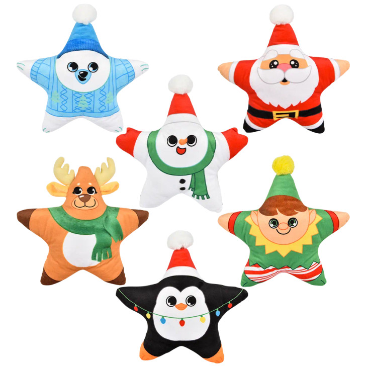 Bulk Christmas star plush toys 72pc 9in 6 styles santa snowman penguin elf bear reindeer