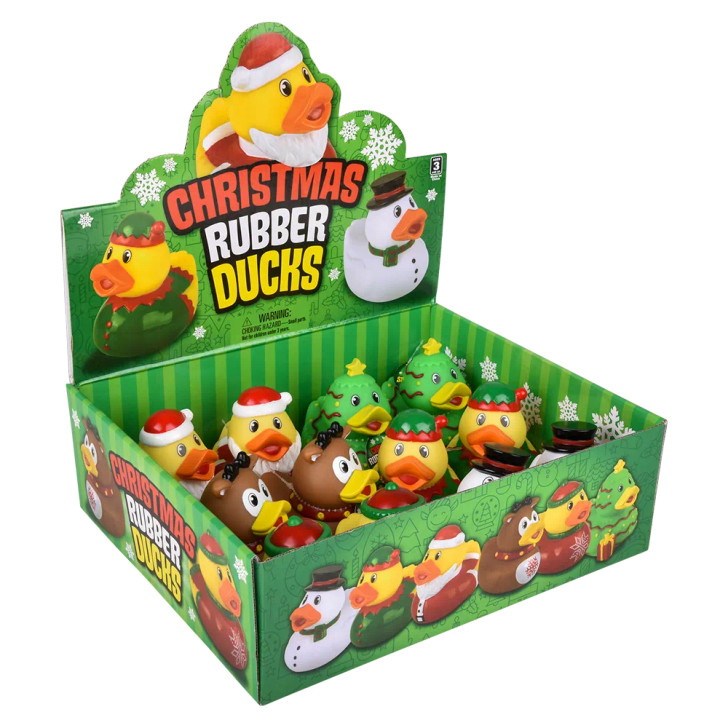 Bulk Christmas rubber duckies 72pc 3.5in holiday party favors prizes display right