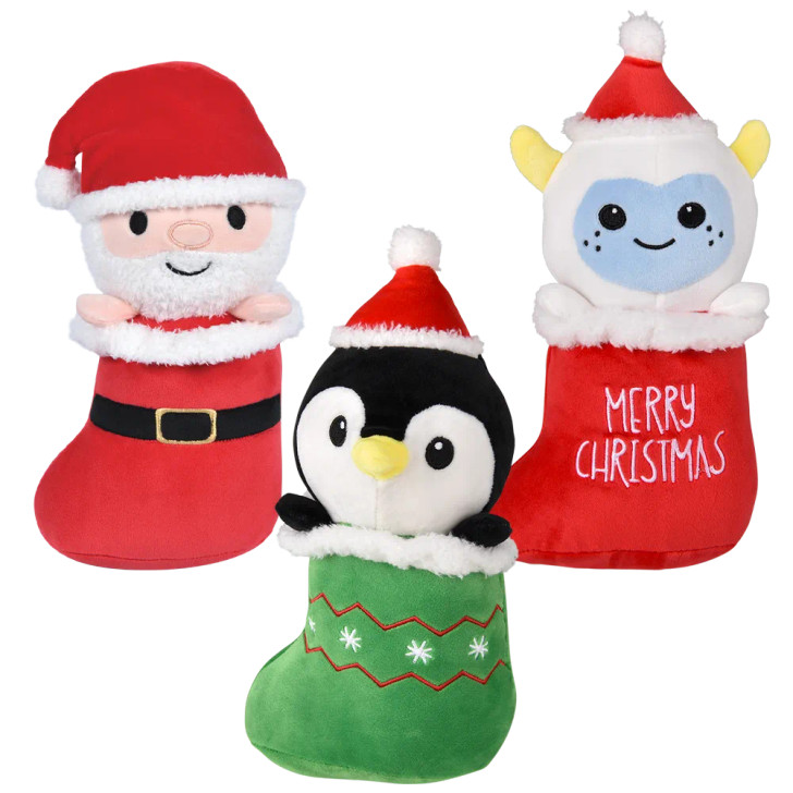 Bulk Christmas stocking plush toys 60pc 10in santa yeti penguin holiday toys