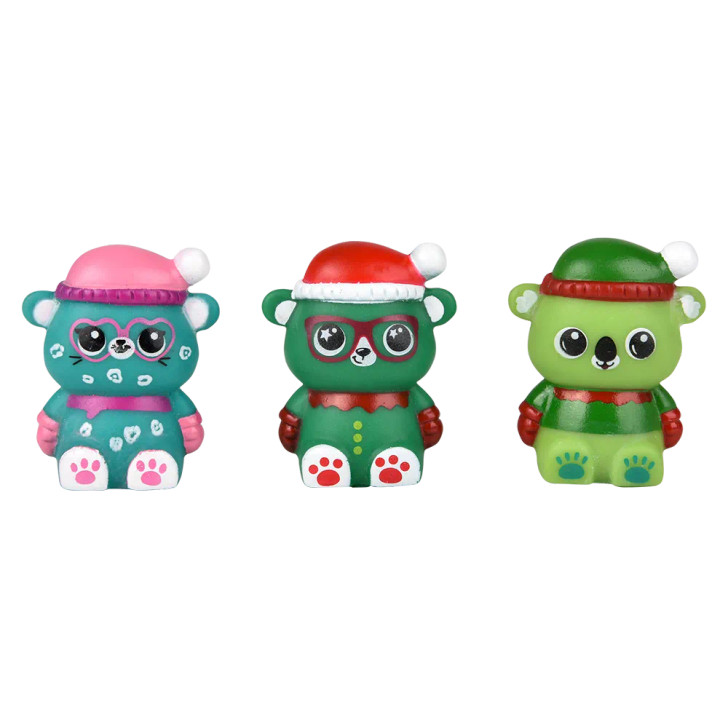 Winter rubber animals 432-pack (2 inch) assorted closeup view of rubber animals with winter designs