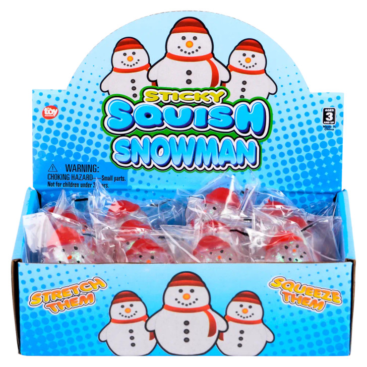 Squish sticky Snowman toy 144-pack packaging view showing box with squish sticky snowman toy