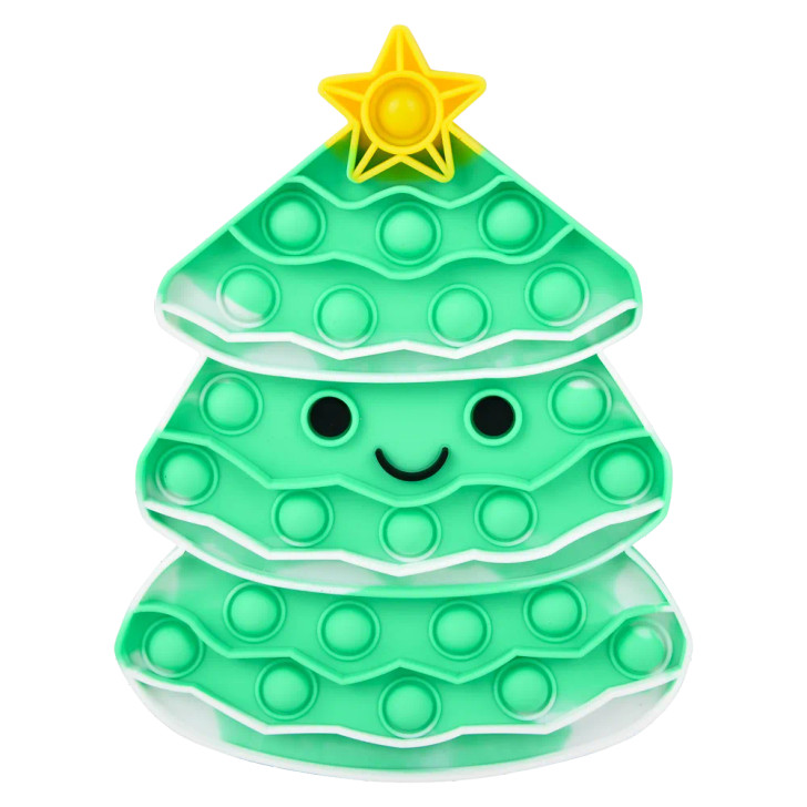 Christmas tree jumbo bubble popper 48-pack (9") in-hand view of Christmas tree shaped popper