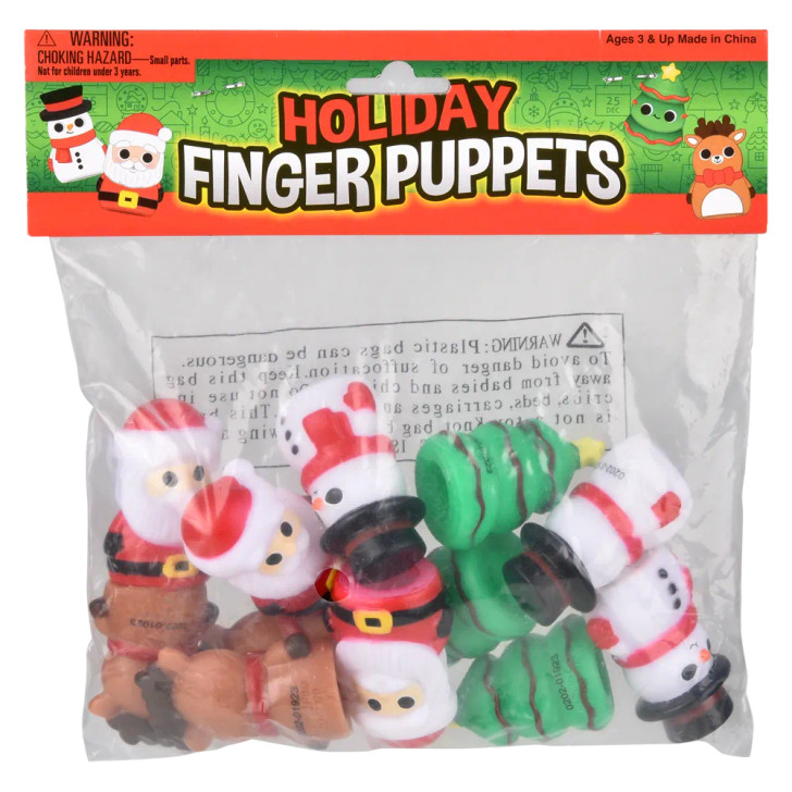 Christmas finger puppet 864-pack (2 inch) bulk packaging view showing box with finger puppets including santa snowman reindeer elf