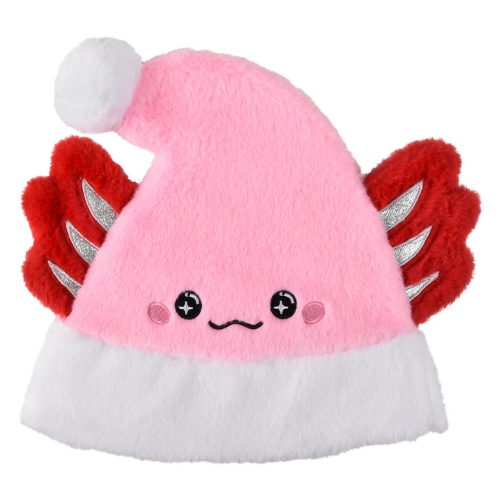 Light-up pink Axolotl Santa hat 48-pack left-angle view of pink axolotl wearing Santa hat