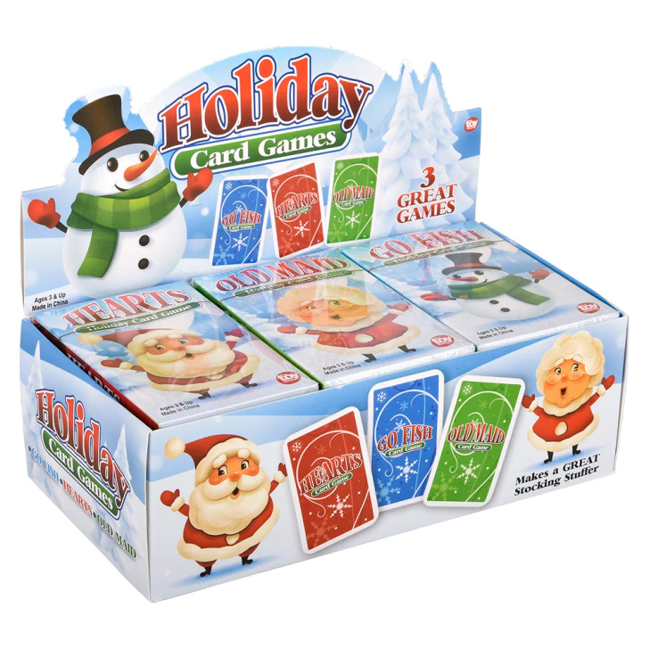 Christmas card games 144-pack (bulk) in-hand view of card games with holiday designs