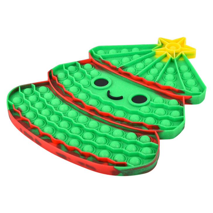 Christmas tree mega bubble popper 24-pack (13") overhead view of Christmas tree shaped popper