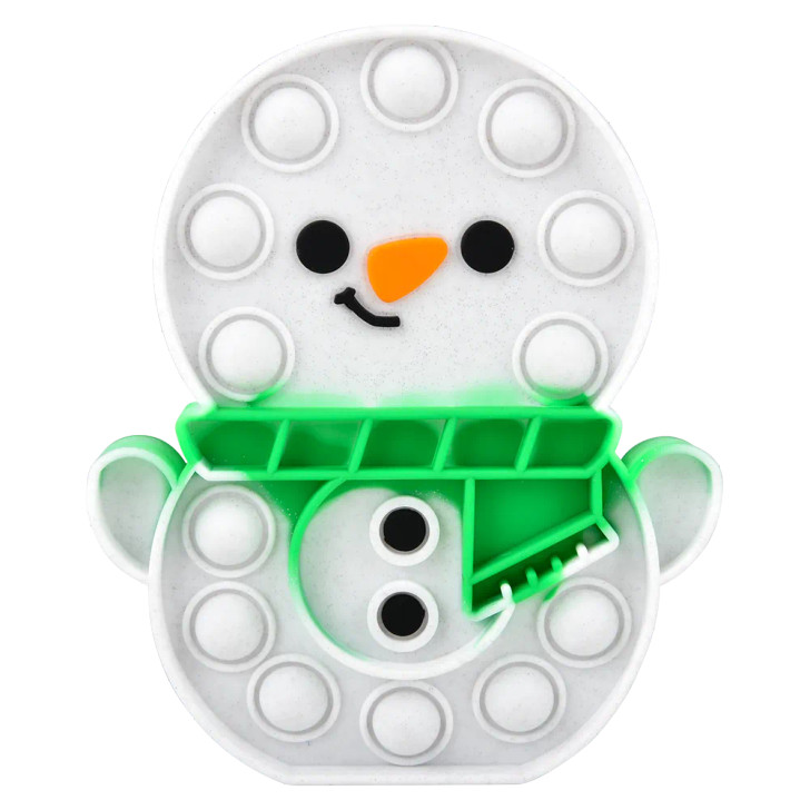 Snowman bubble poppers 144-pack (6") bulk packaging view showing box with snowman shaped popper