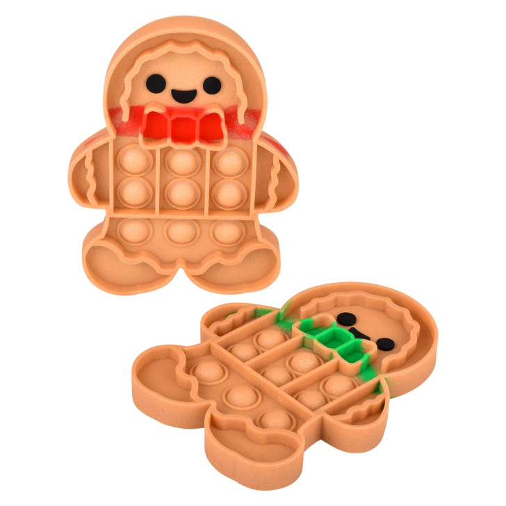 Gingerbread man glitter bubble popper 144-pack left-angle view of gingerbread man shaped popper