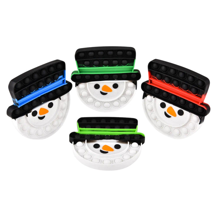 Snowman top hat bubble poppers 144-pack (6") left-angle view of snowman shaped popper