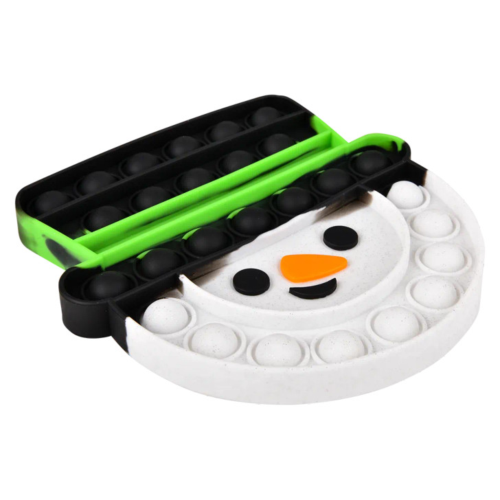 Snowman top hat bubble poppers 144-pack (6") right-angle view of snowman shaped popper