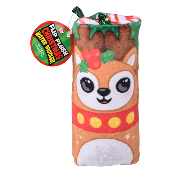 Christmas flip plush water wiggler 36-pack (5.5 Inch), overhead view of flip plush wiggler with holiday designs