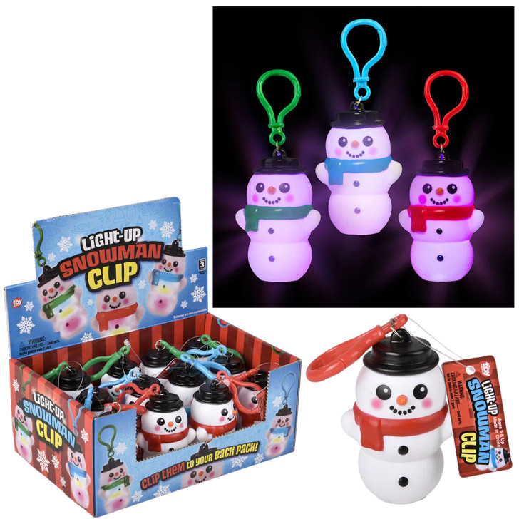 Light-Up Snowman Assorted Clip-On 144 Pcs Bulk - 3" Assorted Christmas Party Favors & Decorations