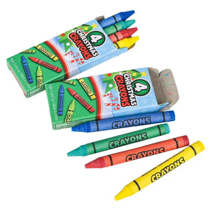 Christmas crayons 720-pack classroom bulk right-angle view of crayons with holiday wrappers