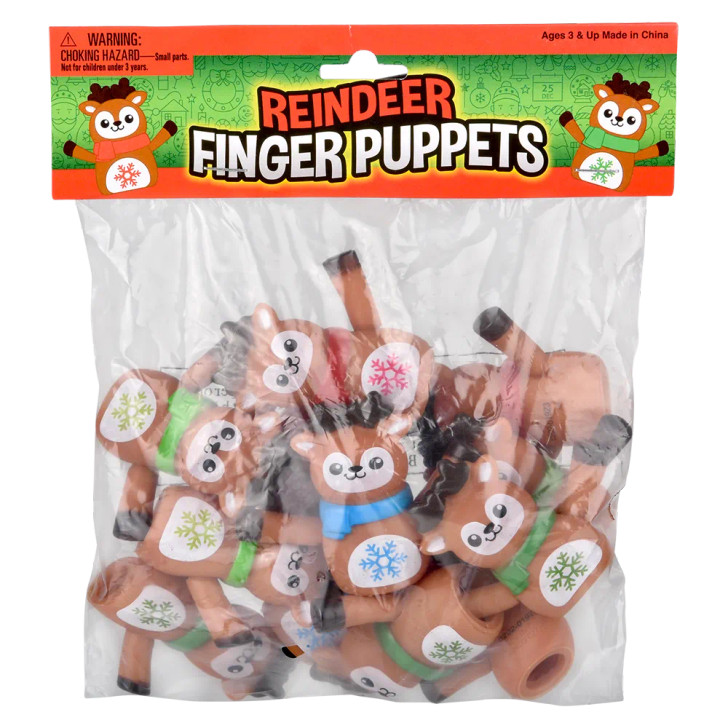 Reindeer finger puppet 864-pack (2 inch) bulk packaging view showing box with reindeer finger puppet