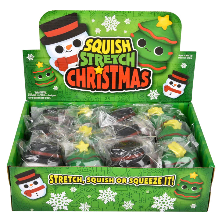 Christmas squish stretch 72-pack (3.5 inch) packaging view showing box with squish stretch with holiday designs