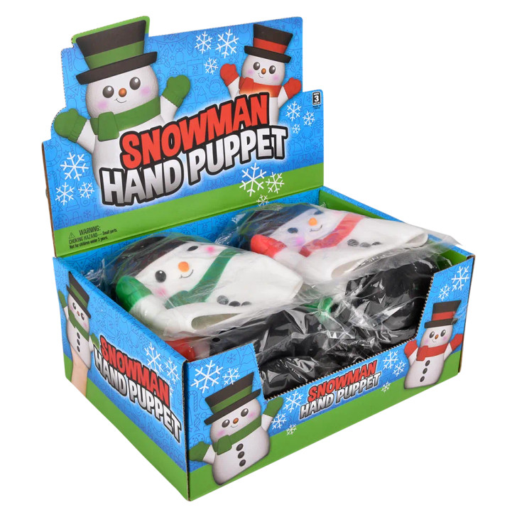 Snowman stretchy hand puppet 96-pack (6 inch) packaging view showing box with snowman hand puppet