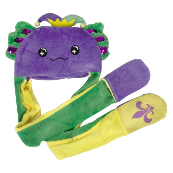 Mardi gras light-up axolotl hoodie scarf hat 35" 24 pcs bulk toy gifts close up.