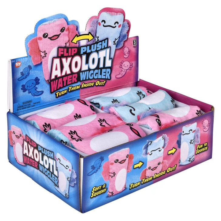 Flip plush axolotl water wiggler 5.5" 48 pcs bulk reversible toy gifts inner display case angle.