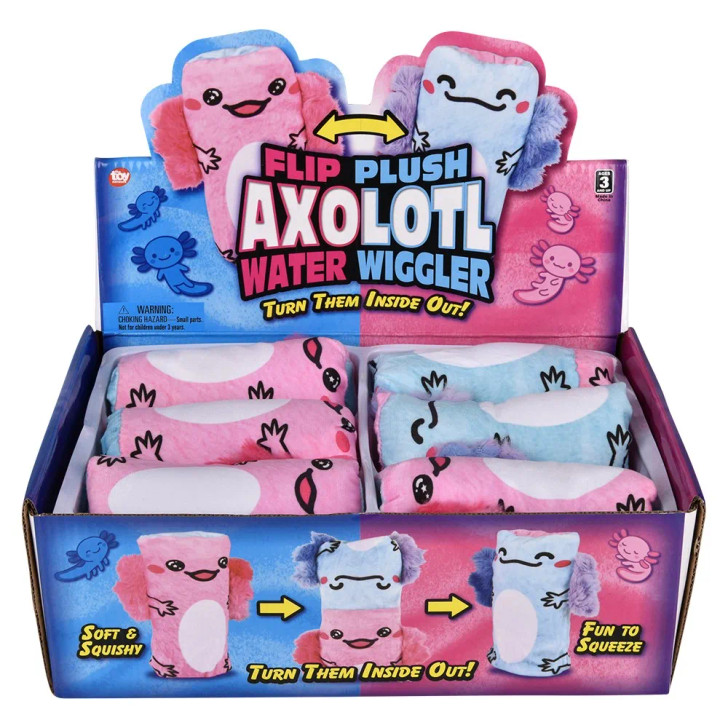 Flip plush axolotl water wiggler 5.5" 48 pcs bulk reversible toy gifts inner display case front.