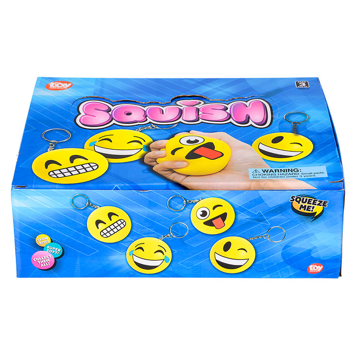 Emoticon squish backpack clip 2.75" 288 pcs bulk toy gifts inner display case closed.