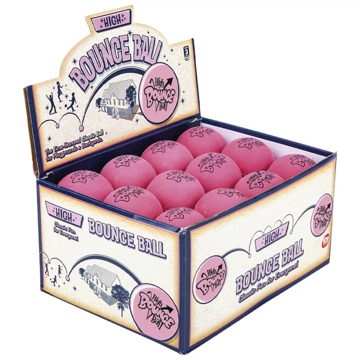 Rubber pink high bounce ball 2.5" 144 pcs bulk bouncy toy gifts side display.