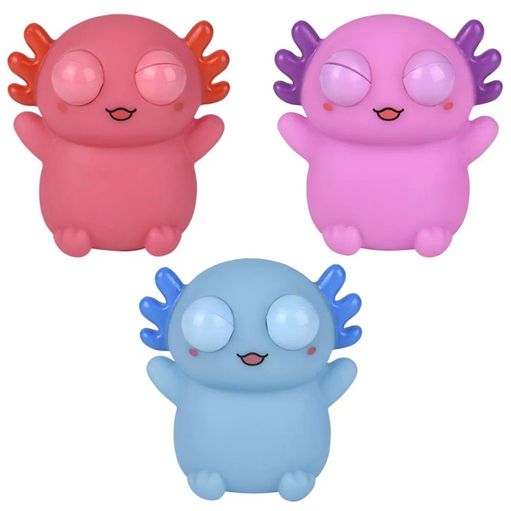 Popping eye axolotl 3" 144 pcs bulk fidget toy gifts 3 assorted colors.