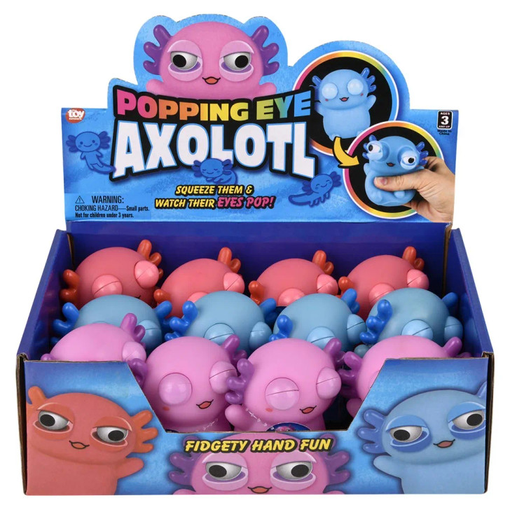 Popping eye axolotl 3" 144 pcs bulk fidget toy gifts inner display front.