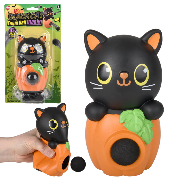 Halloween black cat foam ball blaster 5.5" 36 pcs bulk toy gifts in use and blister card.