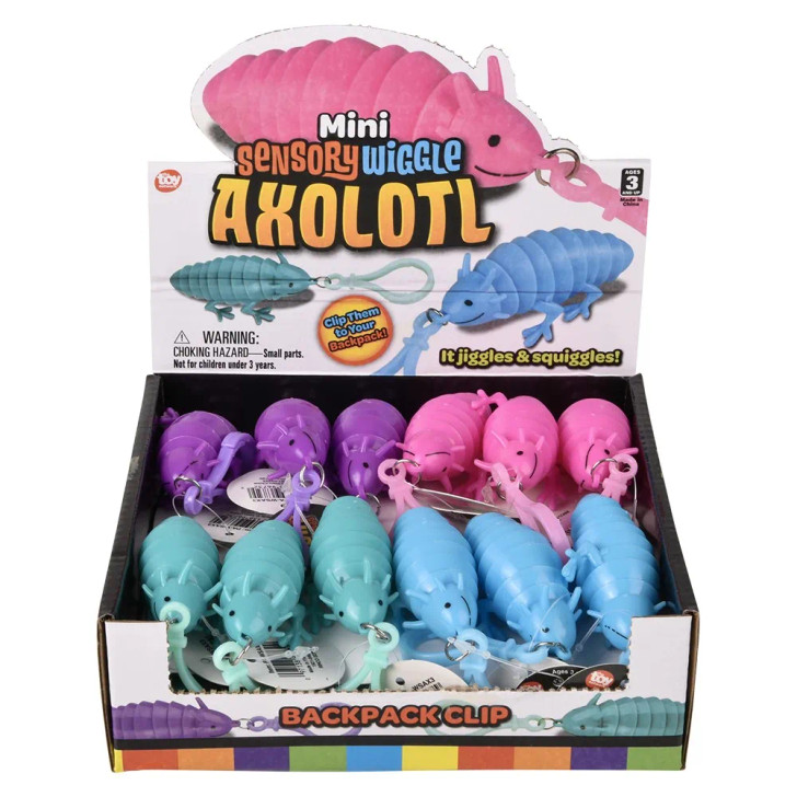 Mini wiggle axolotl clip on 3" 288 pcs bulk toy gifts 4 colors assorted inner display case.