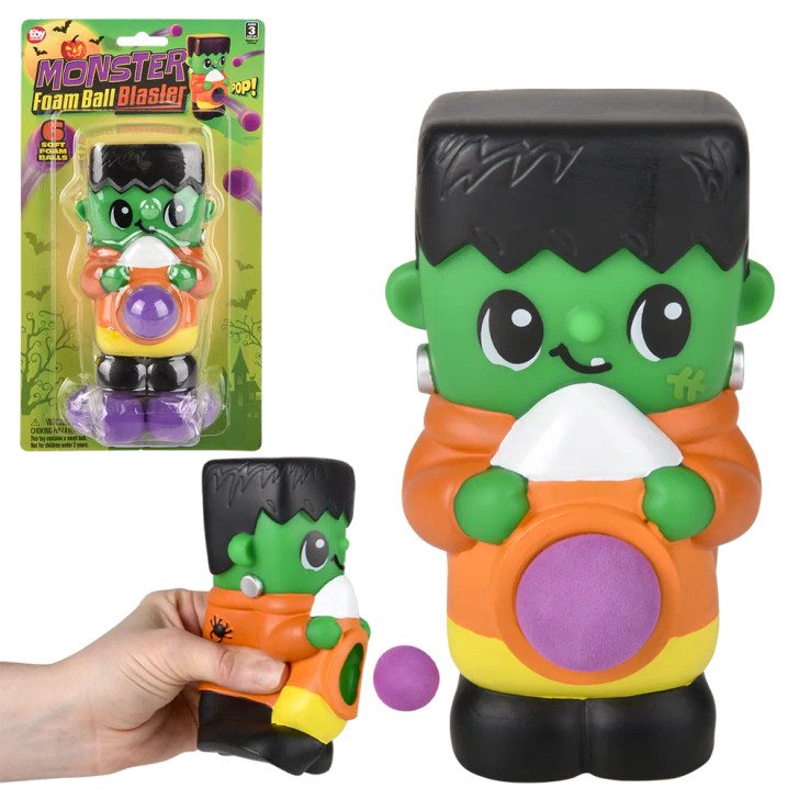 Halloween monster foam ball blaster 5.5" 36 pcs bulk toy gifts blister card and in use.