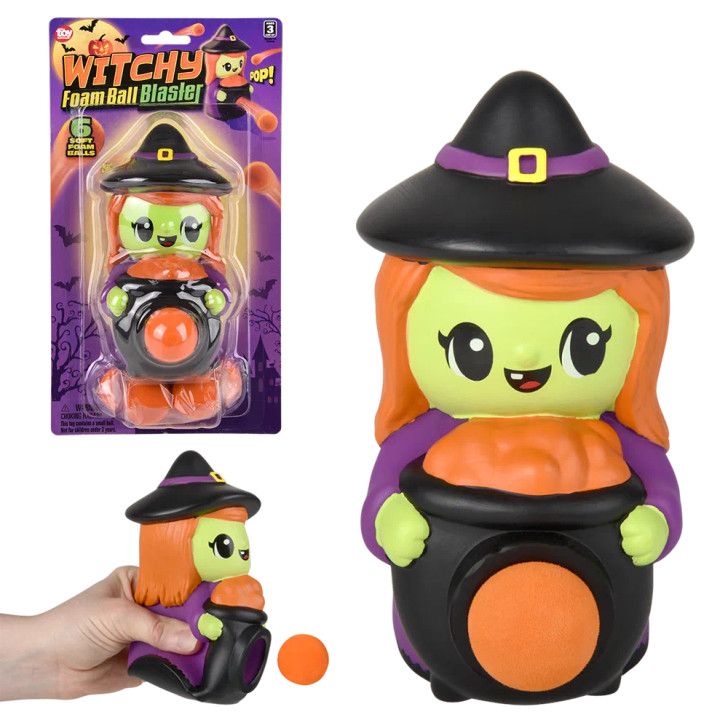 Halloween witch foam ball blaster 5.5" 36 pcs bulk toy gifts blister card and in use.