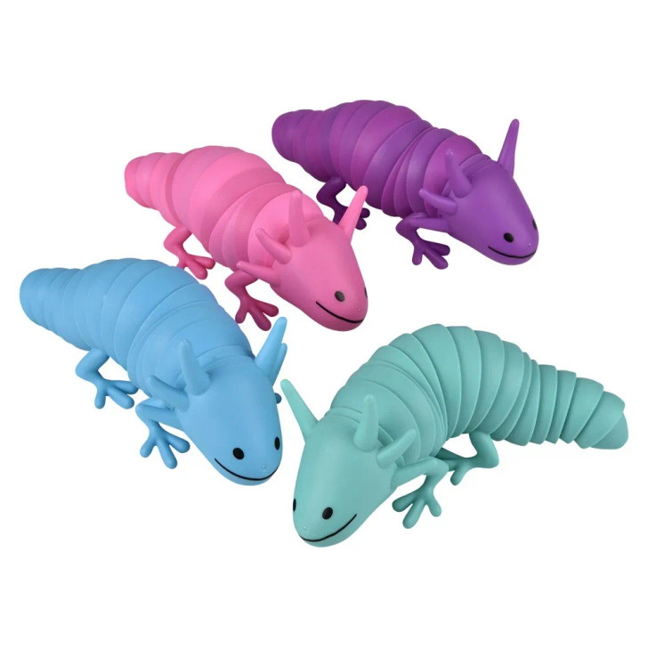 Light-up wiggle sensory axolotl 7.5" 72 pcs bulk toy gifts 4 assorted colors.