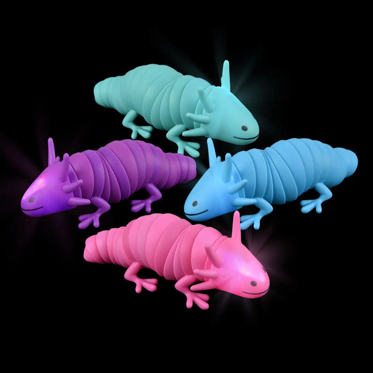 Light-up wiggle sensory axolotl 7.5" 72 pcs bulk toy gifts 4 assorted colors lit main.