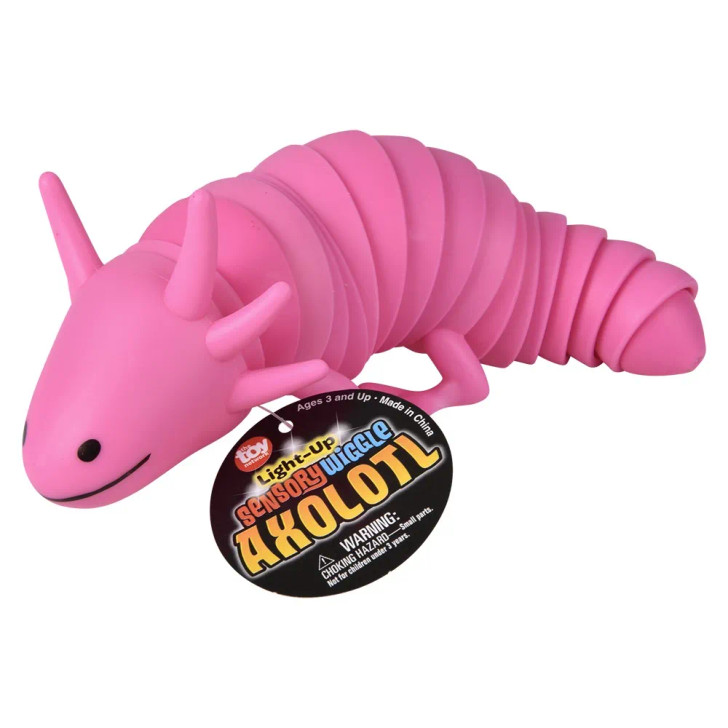 Light-up wiggle sensory axolotl 7.5" 72 pcs bulk toy gifts 4 assorted colors pink with hang tag.